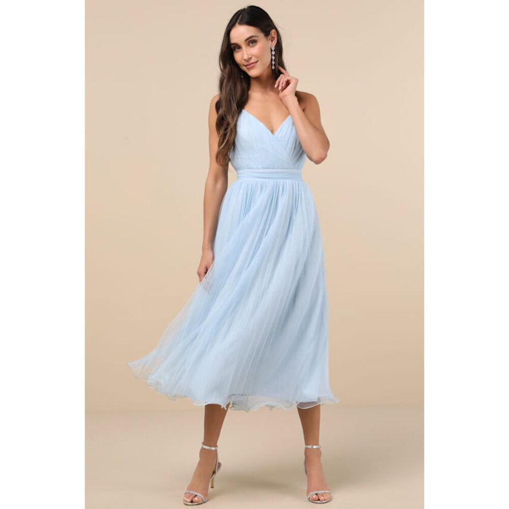 Lulu’s Exemplary Aura Light Blue Tulle Surplice Midi Dress - Size XL